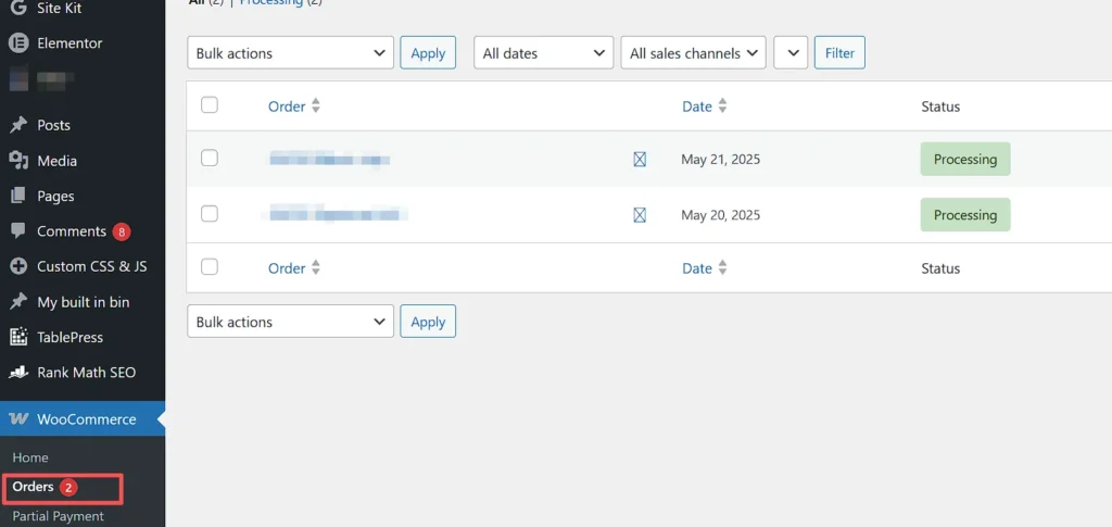 WooCommerce订单列表界面