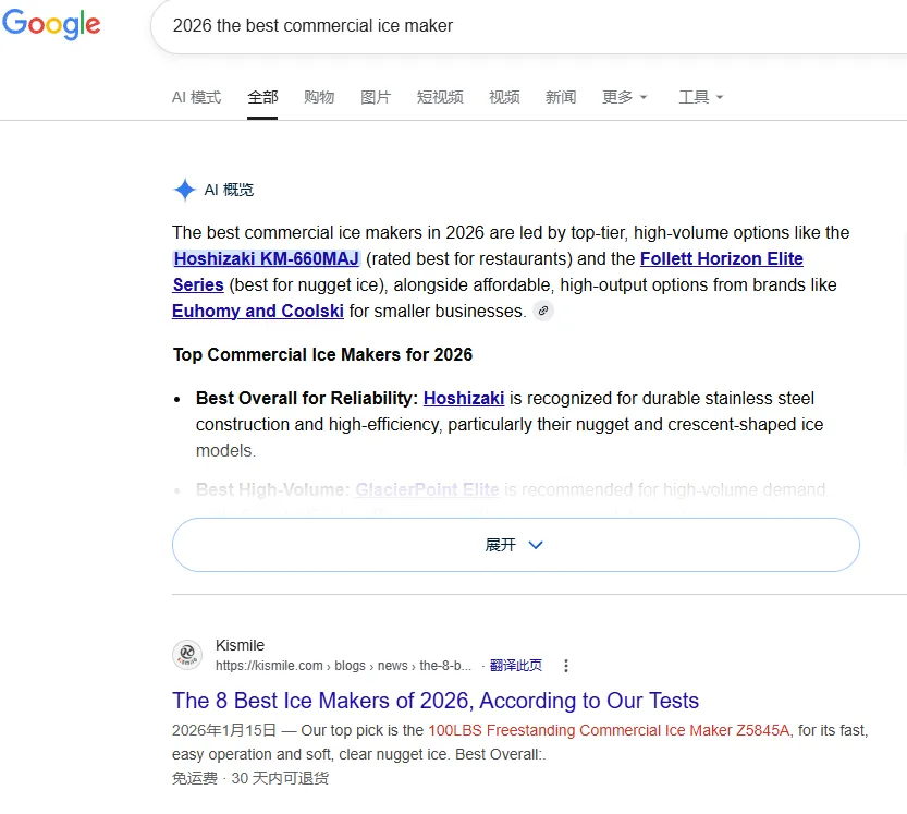 Google 搜索结果：2026年最佳商用制冰机