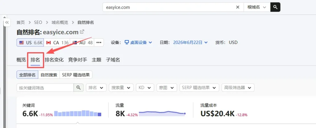 在organic research查看竞争对手关键词
